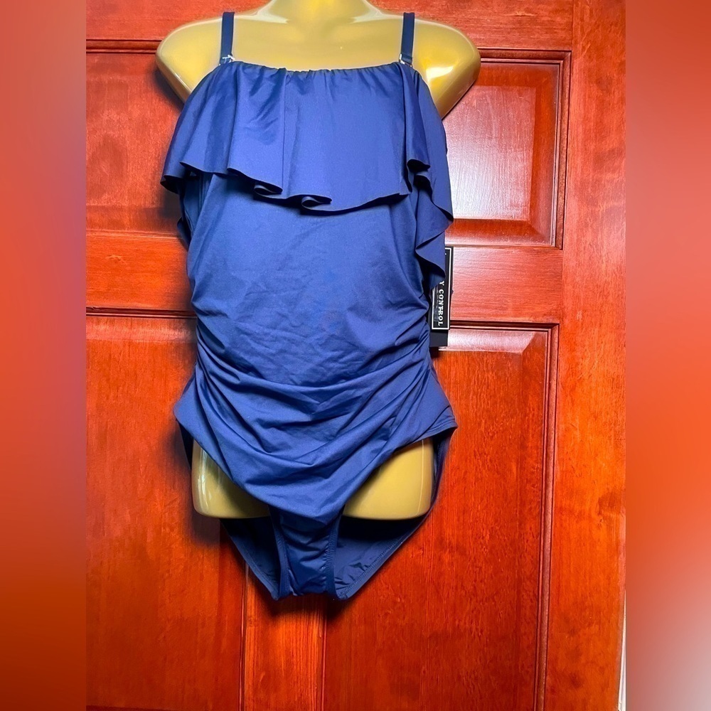 La Blanca Off the Shoulder One-Piece 16W Navy Blue Swimsuit Tummy Control NWT